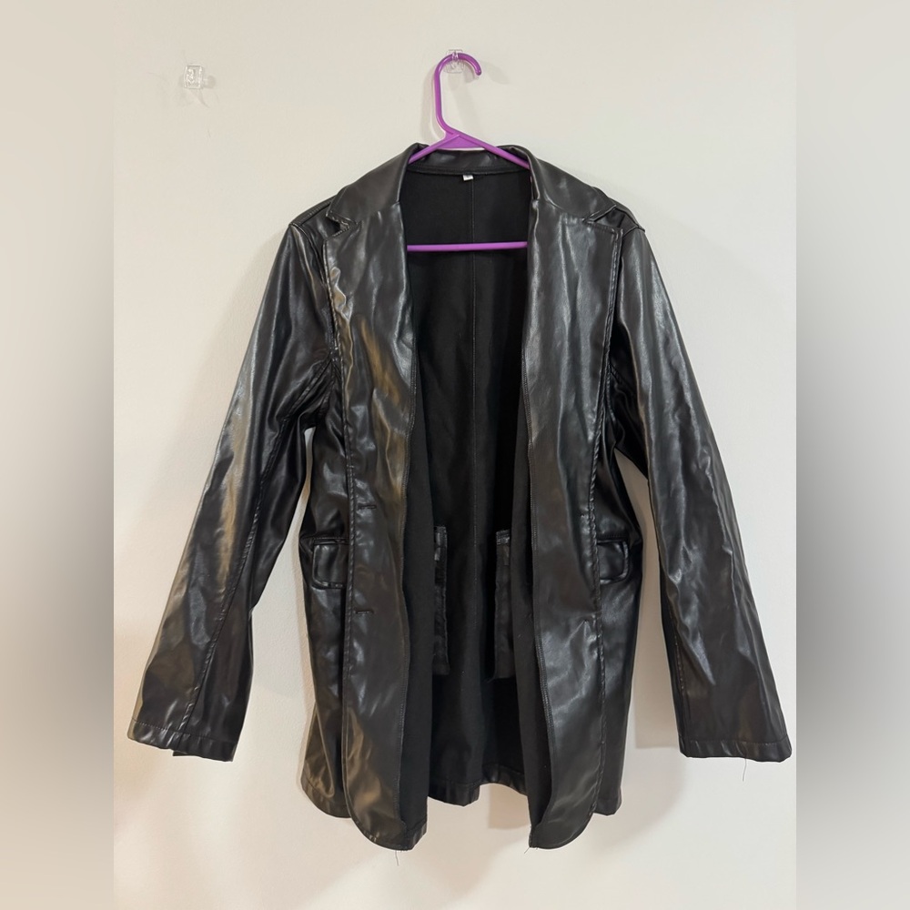 Black Faux Leather Open Blazer Jacket